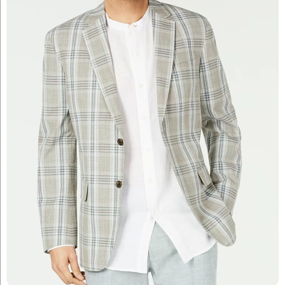 Tasso Elba Plaid Sports Coat Blazer Suit Jacket Grey